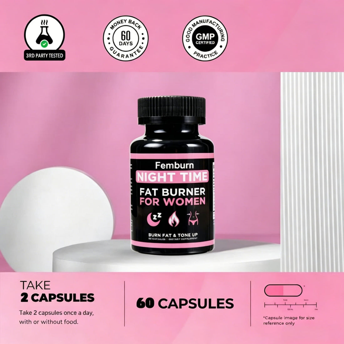 FEMBURN trust badges and product bottles